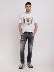 REPLAY CREWNECK T-SHIRT WITH BIKER PRINT