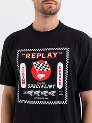 REPLAY CREWNECK T-SHIRT WITH BIKER PRINT