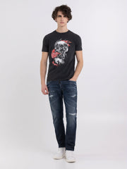REPLAY JERSEY T-SHIRT WITH SKULL AND WOLF PRINT