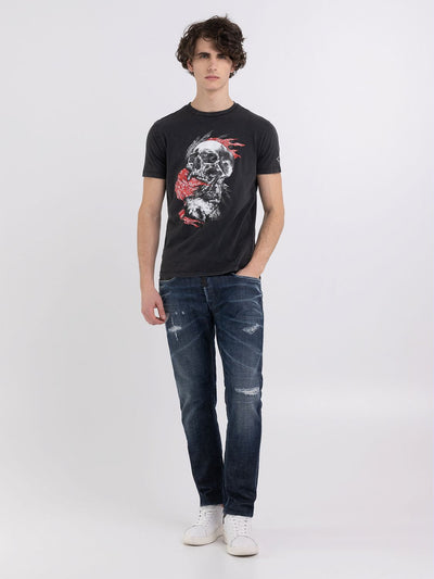 REPLAY JERSEY T-SHIRT WITH SKULL AND WOLF PRINT