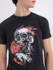 REPLAY JERSEY T-SHIRT WITH SKULL AND WOLF PRINT